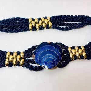 Blue Braided Belt Stretch Enameled Buckle Removable Seashell Gold Shell Accents